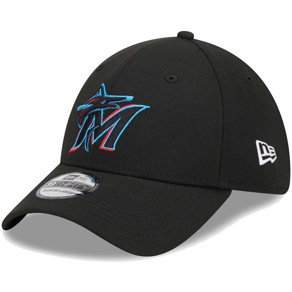 Men's New Era Black Miami Marlins Logo 39THIRTY Flex Hat