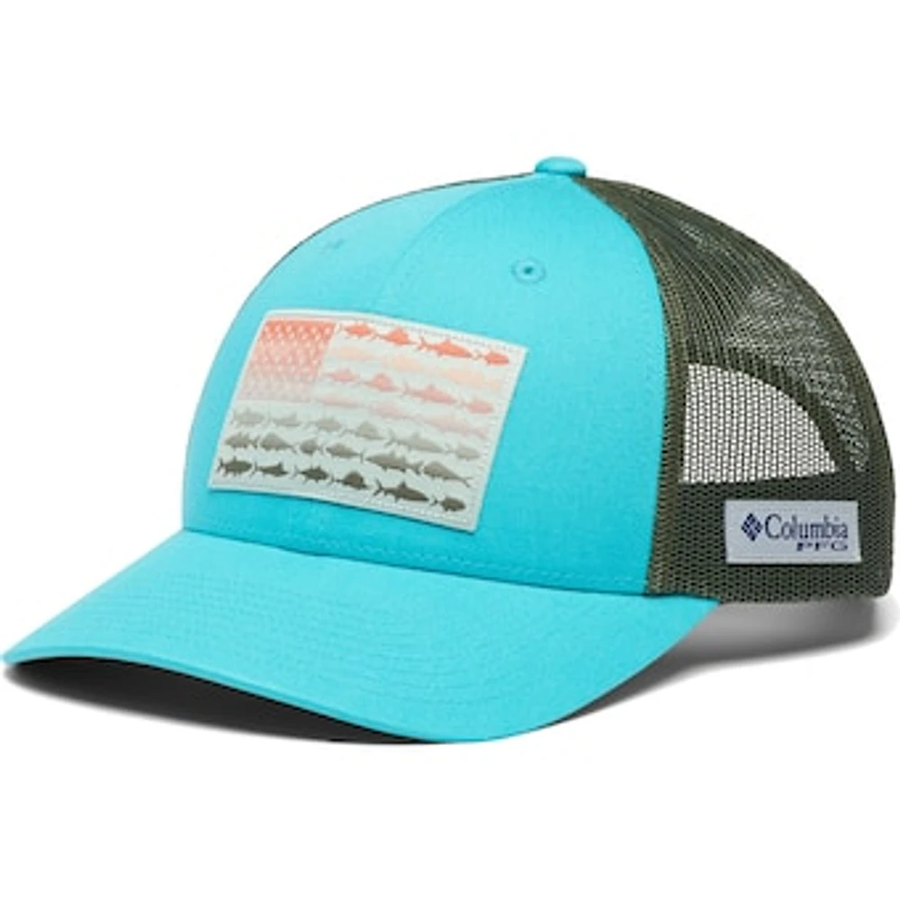 Men's Columbia PFG Teal Fish Flag Mesh Trucker Snapback Hat