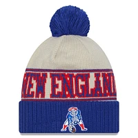 Men's New Era  Cream/Blue New England Patriots 2023 Sideline Historic Pom Cuffed Knit Hat