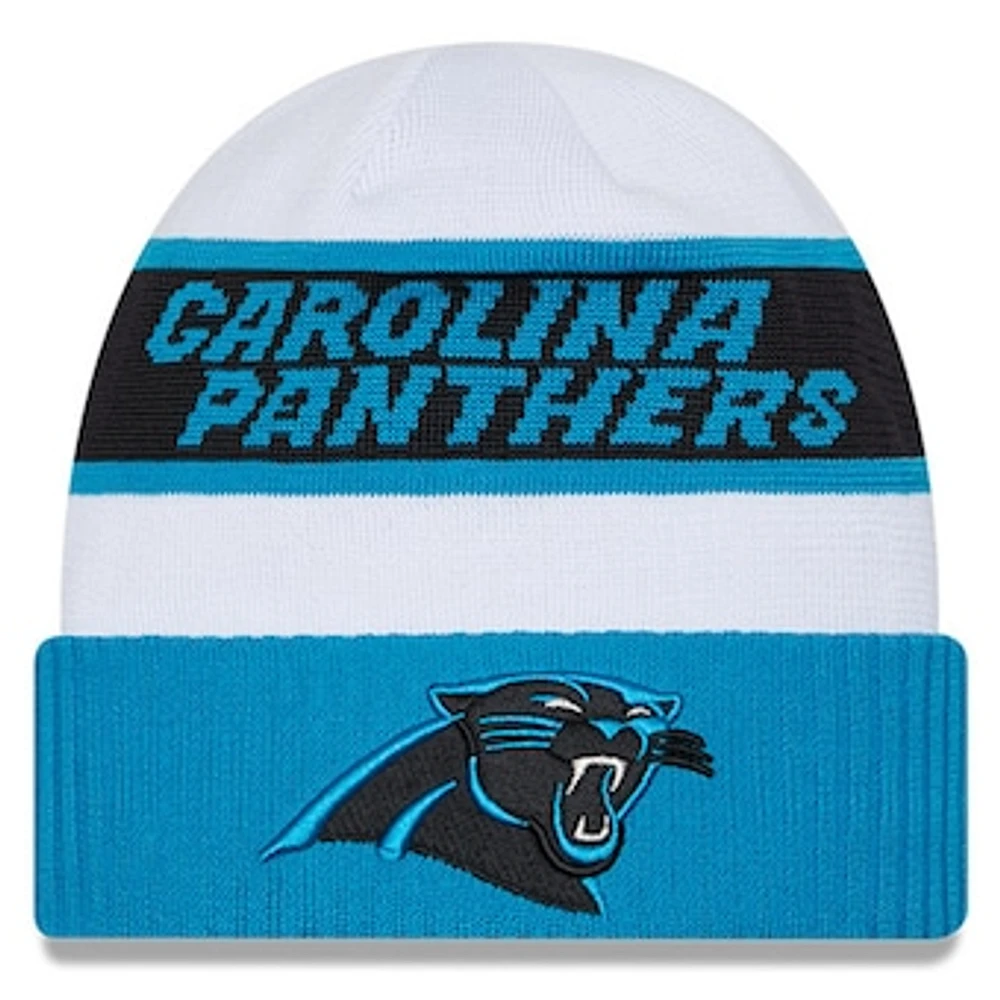 Men's New Era  White/Blue Carolina Panthers 2023 Sideline Tech Cuffed Knit Hat