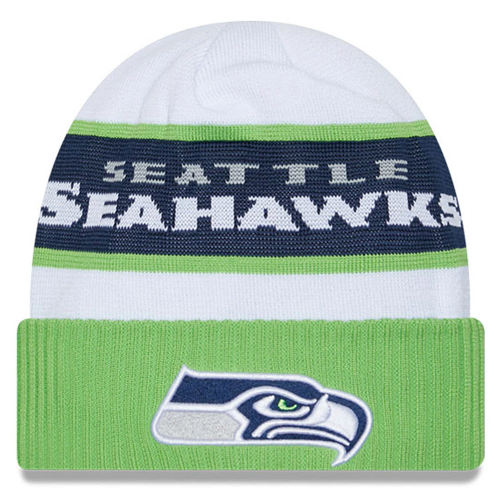 Men's New Era White/Neon Green Seattle Seahawks 2023 Sideline Tech Cuffed Knit Hat