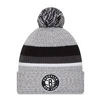 Men's New Era Heather Gray Brooklyn Nets Stripes Cuffed Knit Hat with Pom