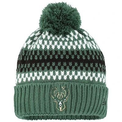 Girls Youth New Era  Hunter Green Milwaukee Bucks Cozy Cuffed Knit Hat with Pom