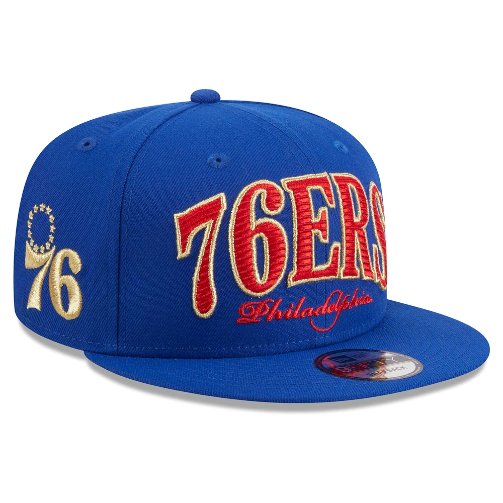 Men's New Era Royal Philadelphia 76ers Golden Tall Text 9FIFTY Snapback Hat