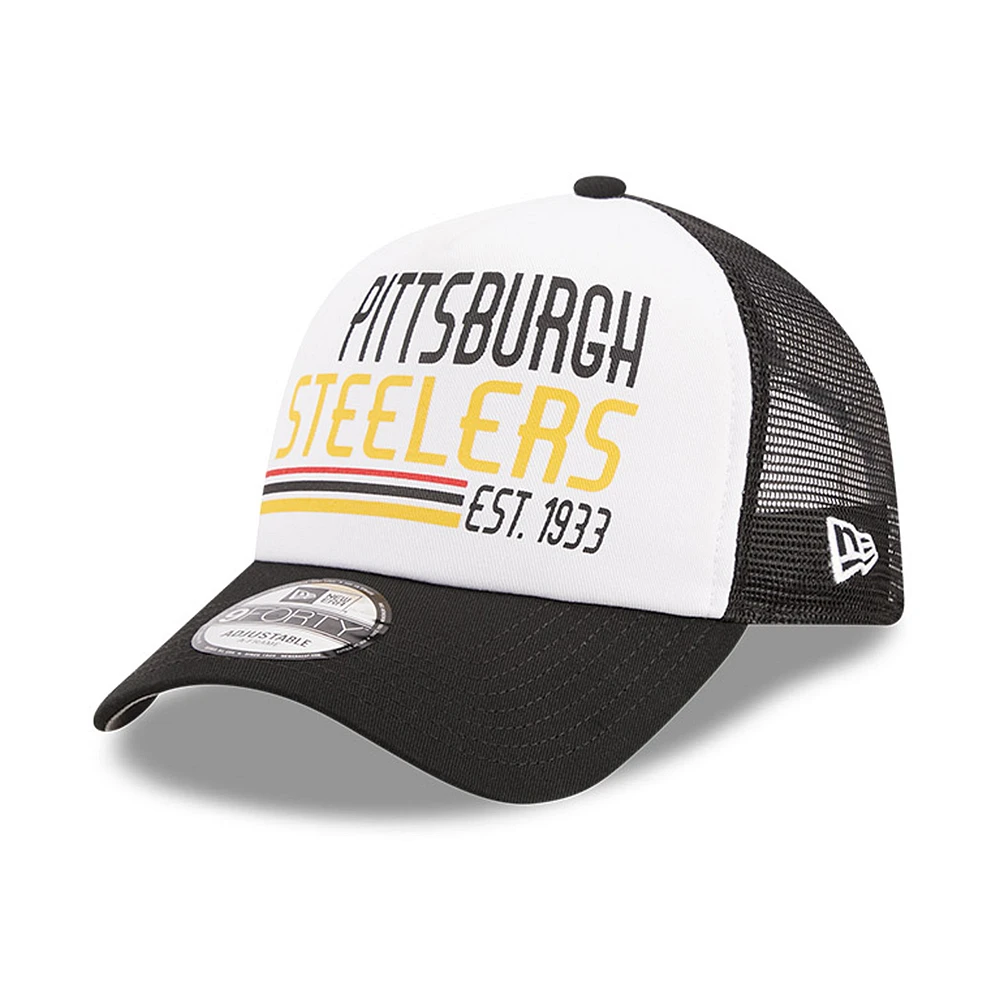 Men's New Era /Black Pittsburgh Steelers Stacked A-Frame Trucker 9FORTY Adjustable Hat