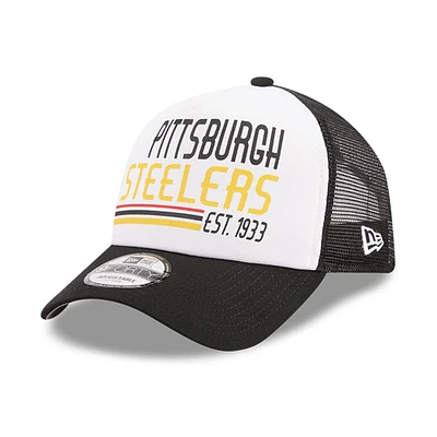 Men's New Era /Black Pittsburgh Steelers Stacked A-Frame Trucker 9FORTY Adjustable Hat