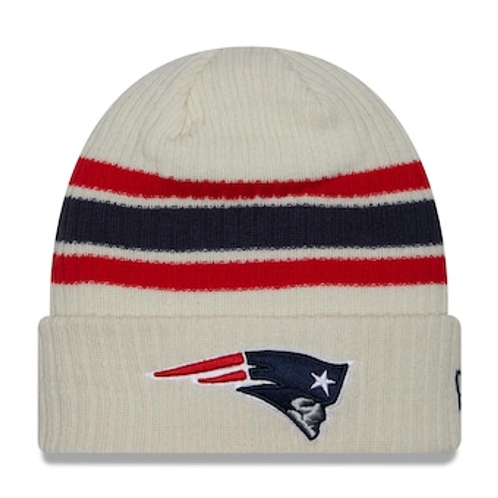 Men's New Era Cream New England Patriots Team Stripe Cuffed Knit Hat