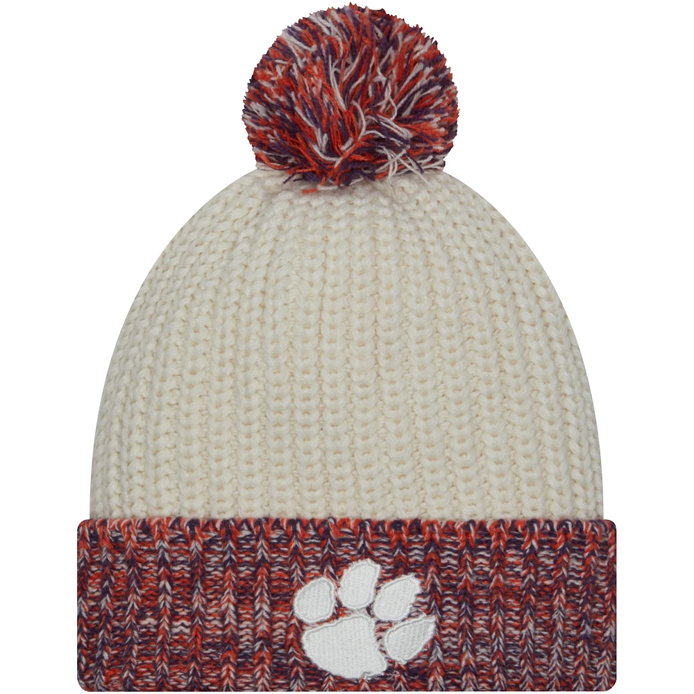 Women's New Era Cream Clemson Tigers Fresh Cuffed Knit Hat with Pom