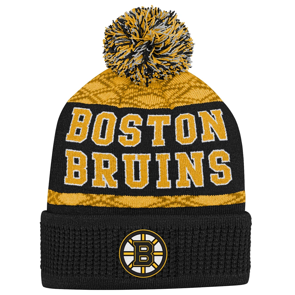 Youth Boston Bruins Gold Puck Cuffed Knit Hat with Pom