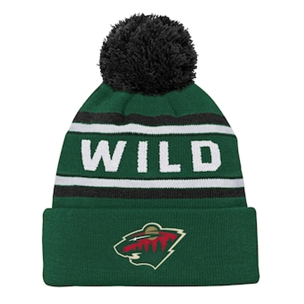 Youth Minnesota Wild Green Jacquard Cuffed Knit Hat with Pom