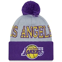 Men's New Era Purple/Gray Los Angeles Lakers Tip-Off Two-Tone Cuffed Knit Hat with Pom