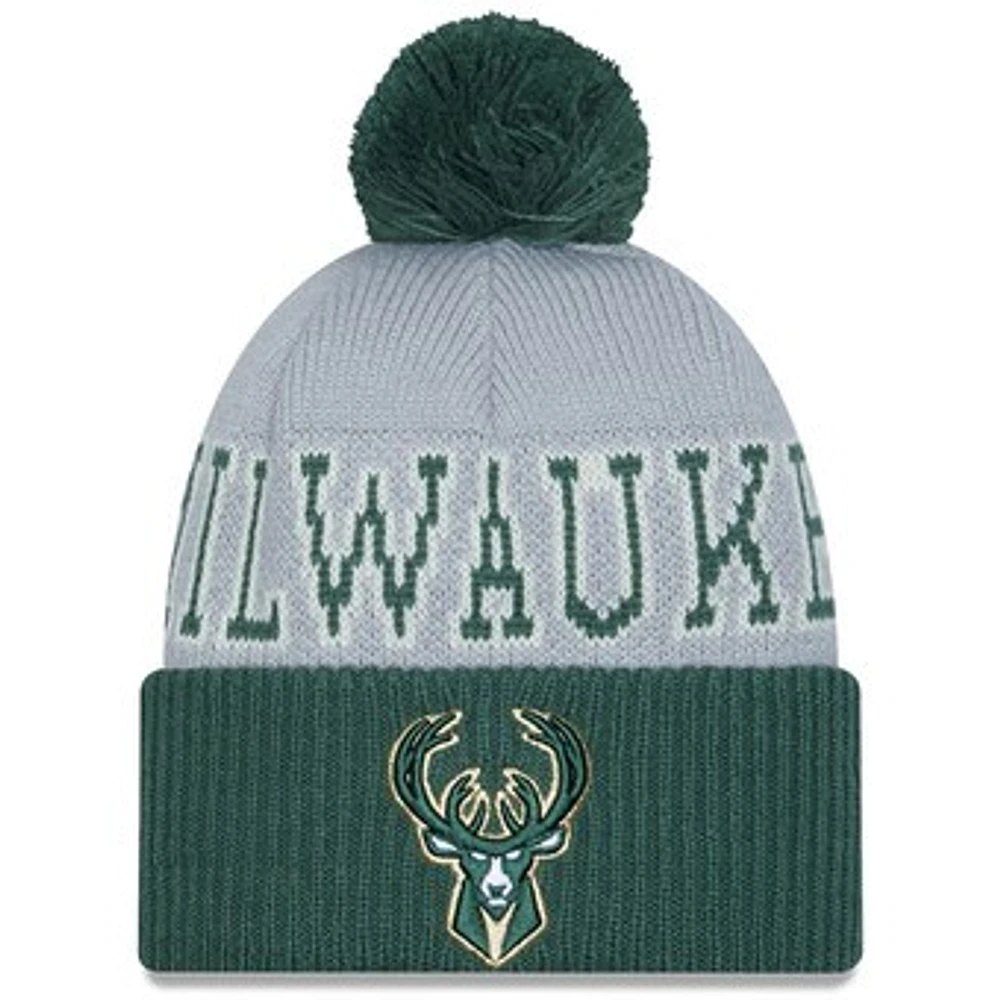 Men's New Era Hunter Green/Gray Milwaukee Bucks Tip-Off Two-Tone Cuffed Knit Hat with Pom