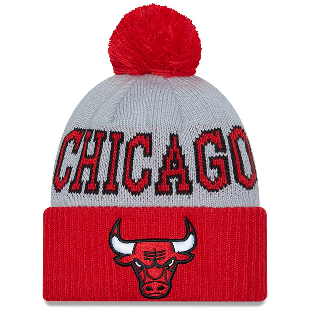 Men's New Era Gray/Red Chicago Bulls Tip-Off Cuffed Knit Hat with Pom