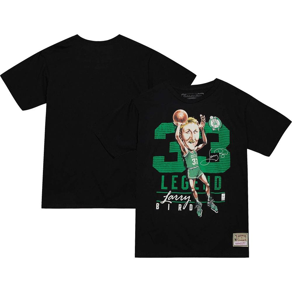 Men's Mitchell & Ness Larry Bird Black Boston Celtics Hardwood Classics Caricature T-Shirt