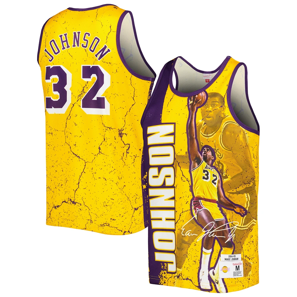 Men's Mitchell & Ness Magic Johnson Gold Los Angeles Lakers 1984-85 Hardwood Classics Player Burst Tank Top