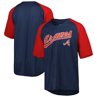 Men's Stitches Navy Atlanta Braves Button-Down Raglan Fashion Jersey