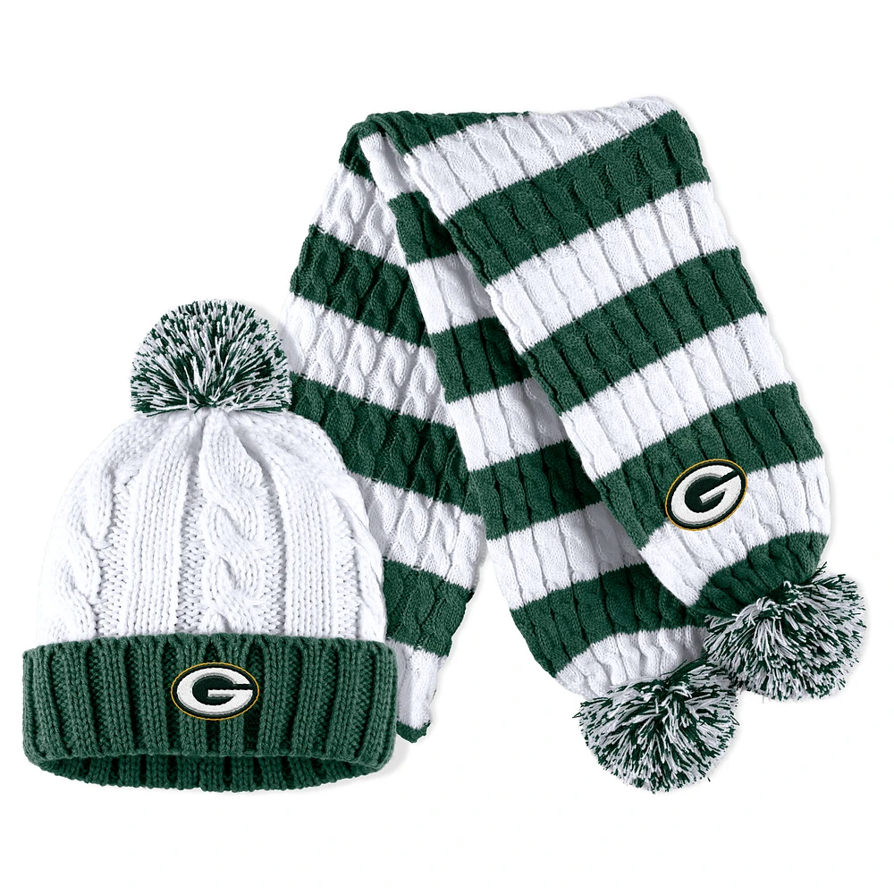Women's WEAR by Erin Andrews White Green Bay Packers Cable Stripe Cuffed Knit Hat with Pom and Scarf Set
