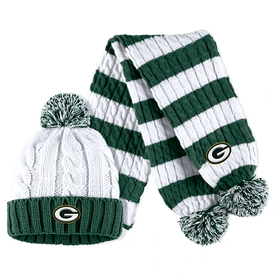 Women's WEAR by Erin Andrews White Green Bay Packers Cable Stripe Cuffed Knit Hat with Pom and Scarf Set
