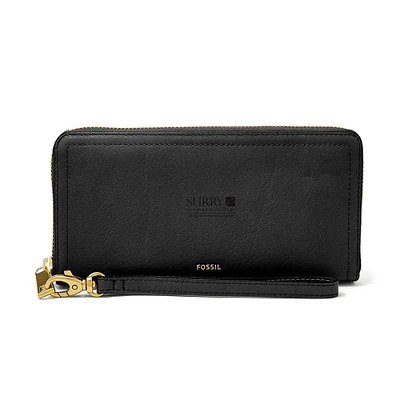 Women's Black Surry Community College Fossil Leather Logan RFID Zip Around Clutch