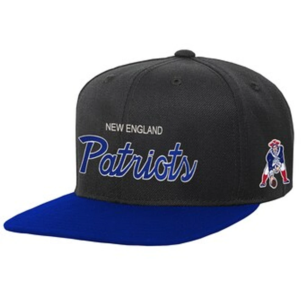 Youth Mitchell & Ness Black/Royal New England Patriots Team Script Snapback Hat