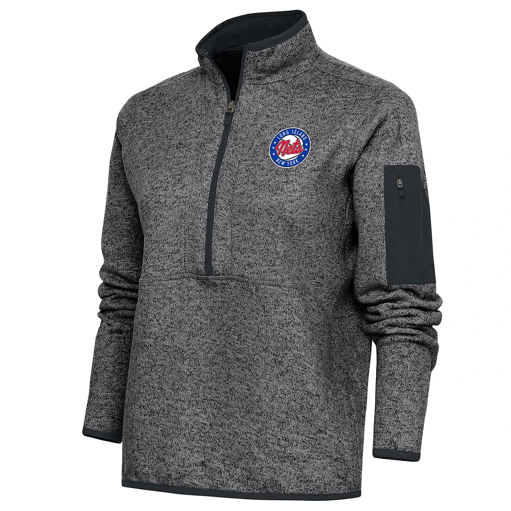 Women's Antigua Heather Charcoal Long Island Nets Fortune Half-Zip Pullover Jacket