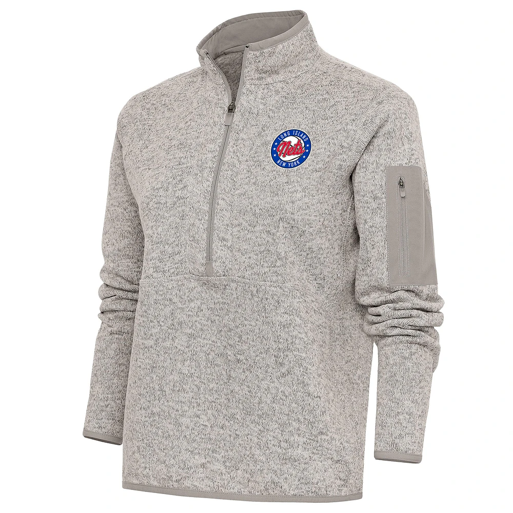 Women's Antigua Oatmeal Long Island Nets Fortune Half-Zip Pullover Jacket
