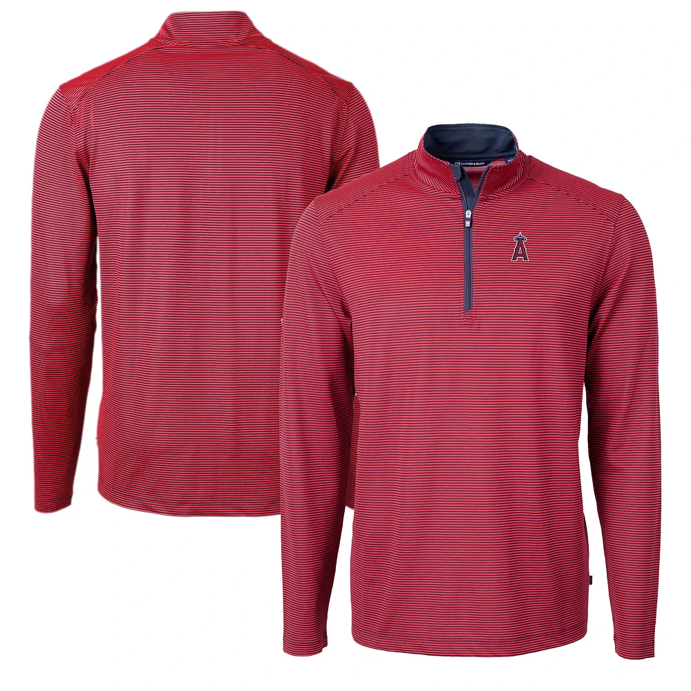 Men's Cutter & Buck Red/Navy Los Angeles Angels Virtue Eco Pique Micro Stripe Recycled Quarter-Zip Pullover Top
