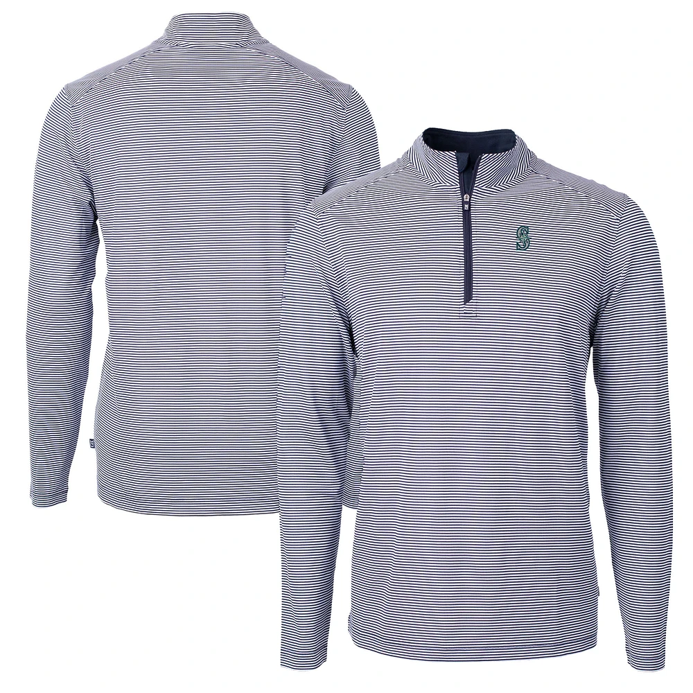 Men's Cutter & Buck Navy/White Seattle Mariners Virtue Eco Pique Micro Stripe Recycled Quarter-Zip Pullover Top