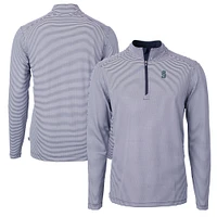Men's Cutter & Buck Navy/White Seattle Mariners Virtue Eco Pique Micro Stripe Recycled Quarter-Zip Pullover Top