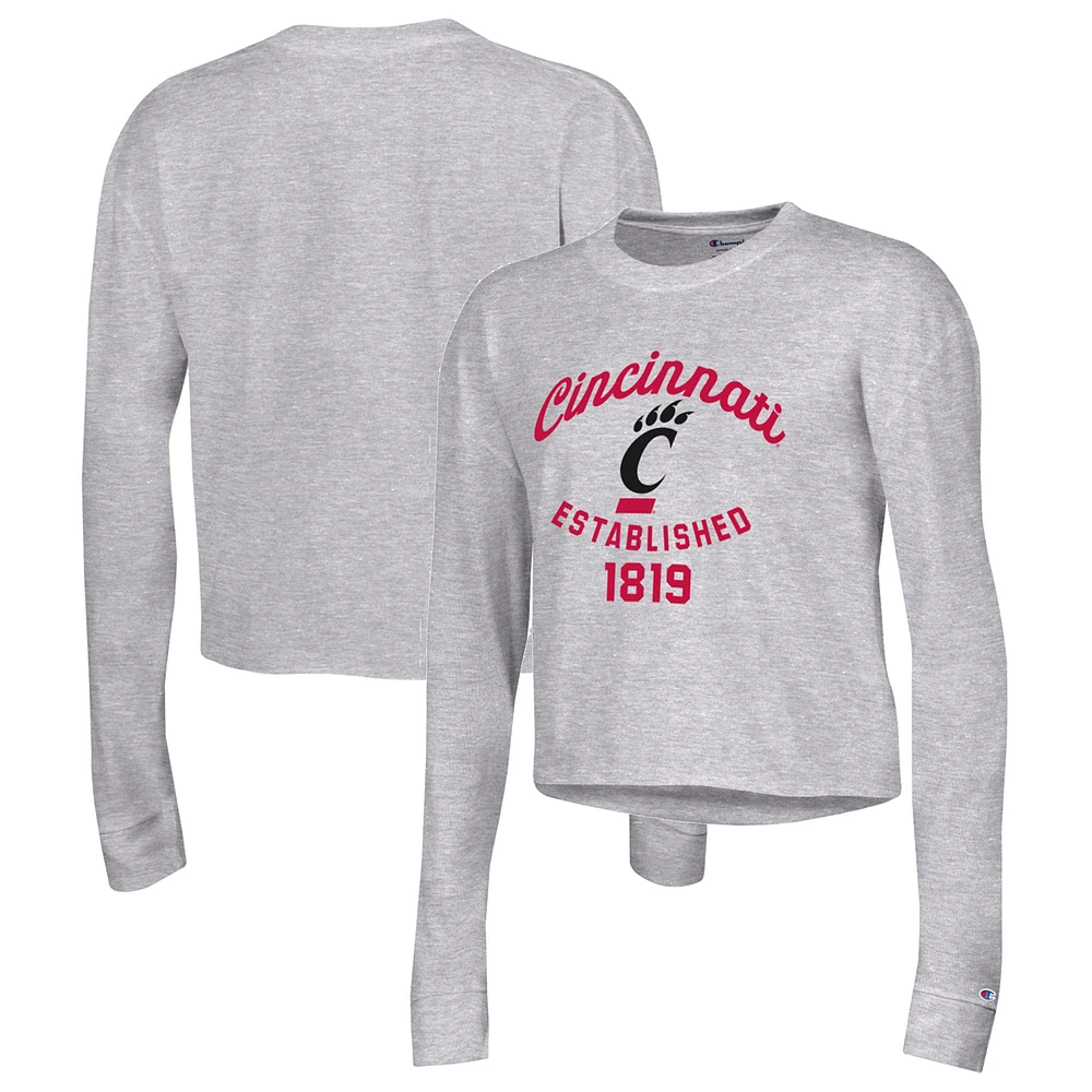 Women's Champion Heather Gray Cincinnati Bearcats Boyfriend Cropped Long Sleeve T-Shirt