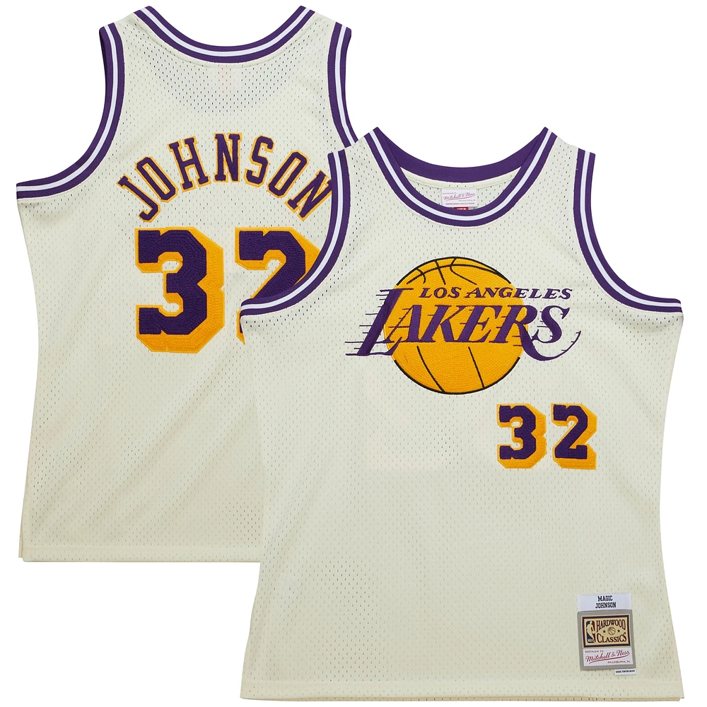 Men's Mitchell & Ness Magic Johnson Cream Los Angeles Lakers Chainstitch Swingman Jersey