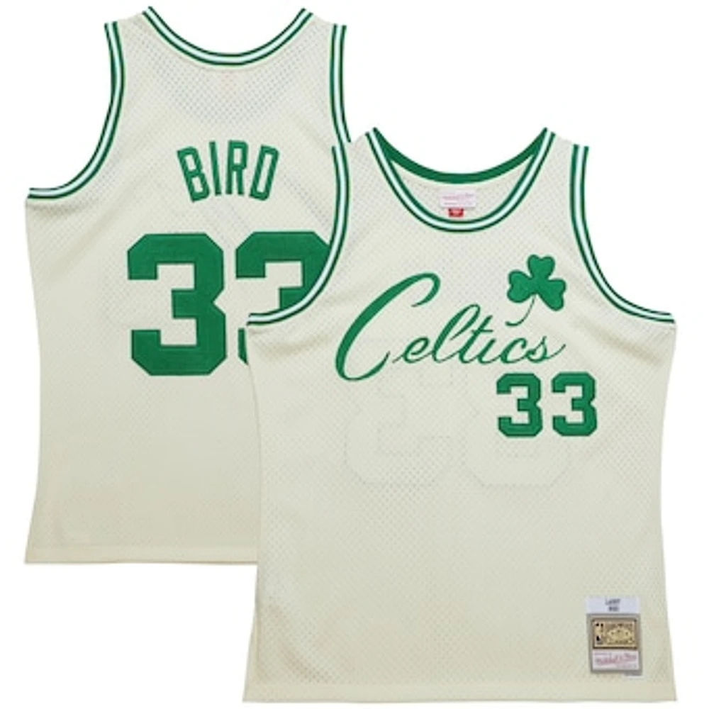 Men's Mitchell & Ness Larry Bird Cream Boston Celtics Chainstitch Swingman Jersey