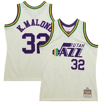 Men's Mitchell & Ness Karl Malone Cream Utah Jazz Chainstitch Swingman Jersey