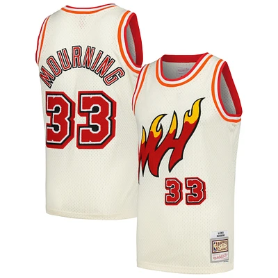 Men's Mitchell & Ness Alonzo Mourning Cream Miami Heat Chainstitch Swingman Jersey