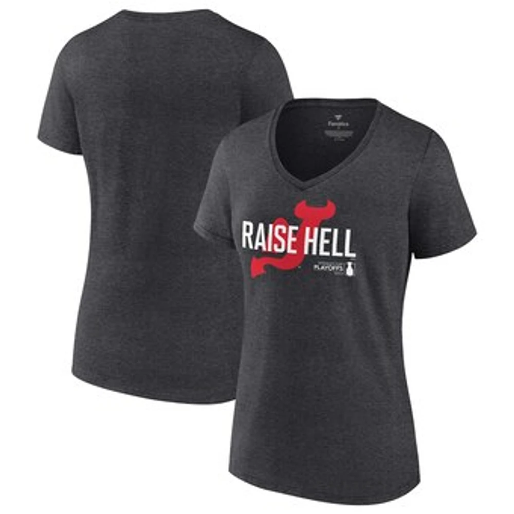 Women's Fanatics Heather Charcoal New Jersey Devils 2023 Stanley Cup Playoffs Raise Hell V-Neck T-Shirt