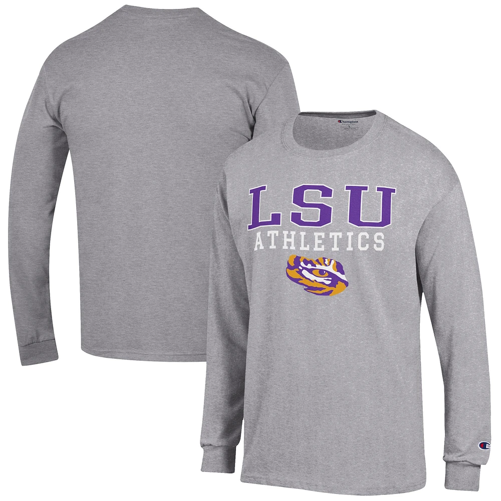 Men's Champion Gray LSU Tigers Athletics Logo Stack Long Sleeve T-Shirt