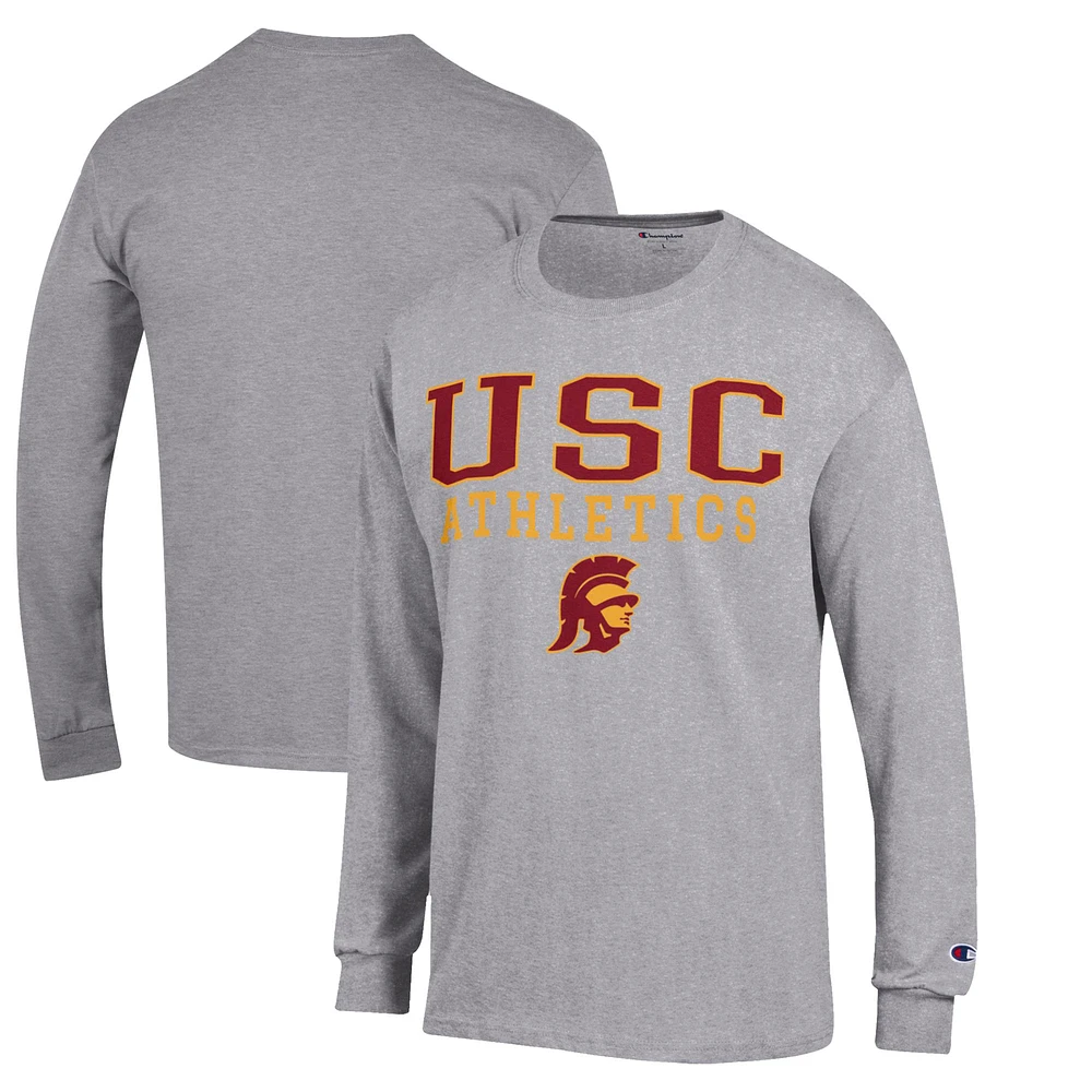 Men's Champion Gray USC Trojans Athletics Logo Stack Long Sleeve T-Shirt