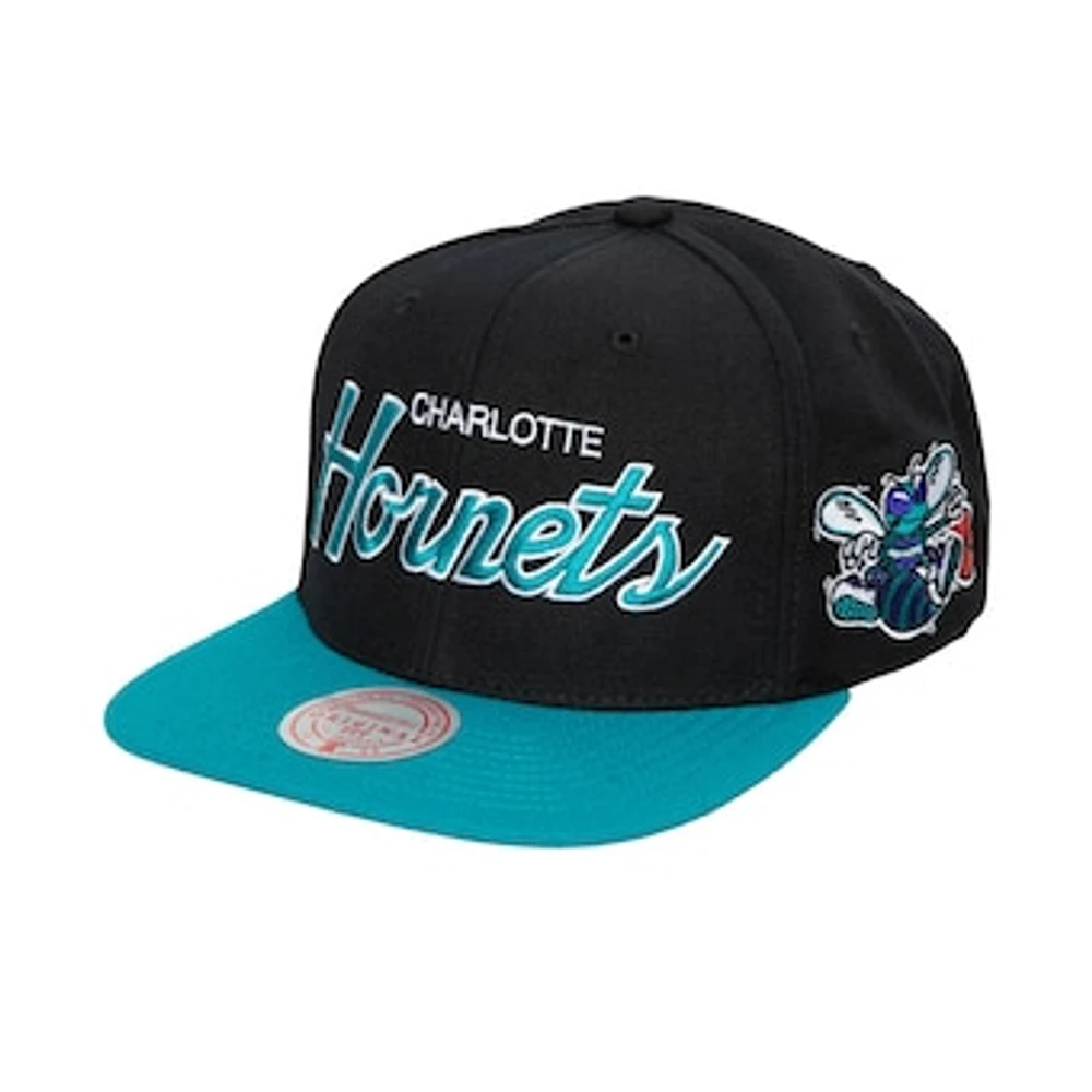 Men's Mitchell & Ness Black Charlotte Hornets Hardwood Classics MVP Team Script 2.0 Snapback Hat