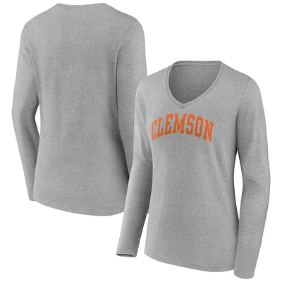 Women's Fanatics Heather Gray Clemson Tigers Basic Arch Long Sleeve V-Neck T-Shirt