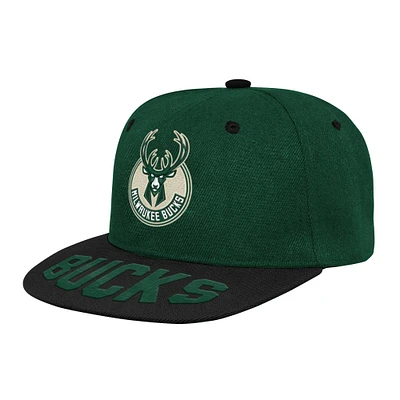 Youth Hunter Green/Black Milwaukee Bucks Backboard Embro Visor Snapback Hat