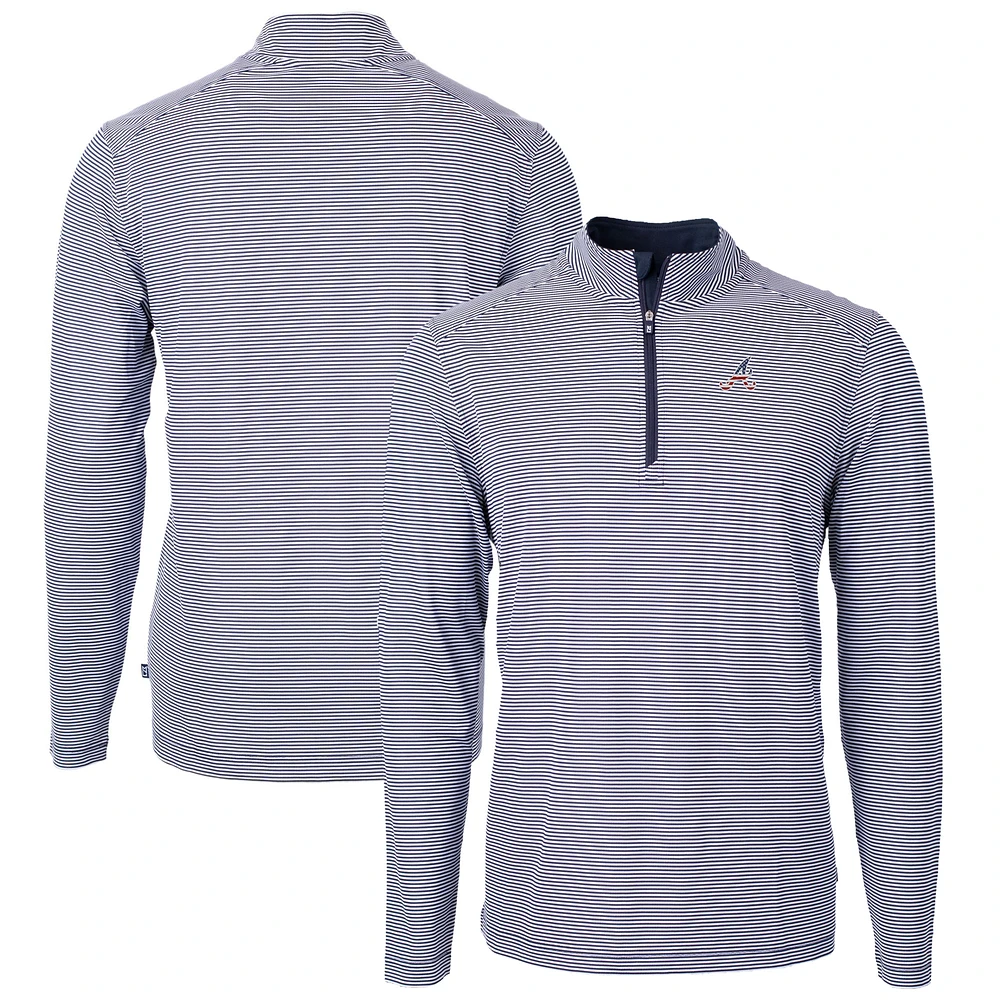 Men's Cutter & Buck Navy Atlanta Braves Americana Logo Virtue Eco Pique Stripe Recycled Quarter-Zip Pullover Top