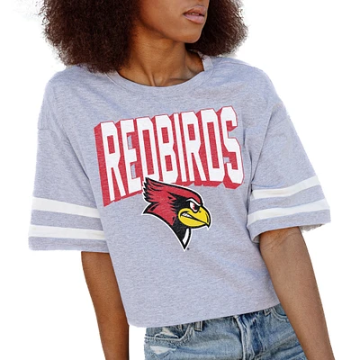 Women's Gameday Couture Gray Illinois State Redbirds No Shortcuts Drop Shoulder Sleeve Stripe Cropped T-Shirt