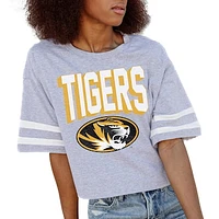 Women's Gameday Couture Gray Missouri Tigers No Shortcuts Drop Shoulder Sleeve Stripe Cropped T-Shirt