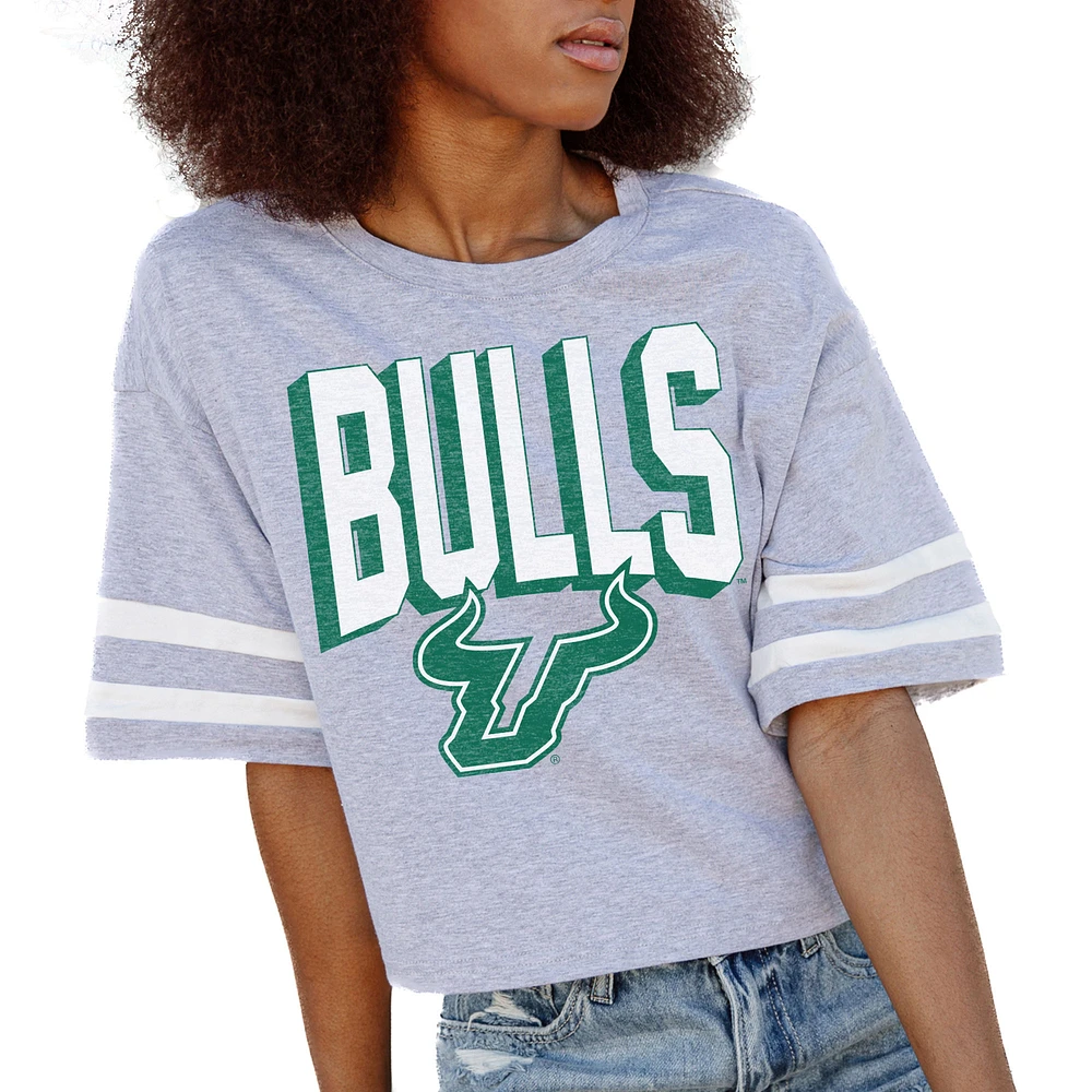 Women's Gameday Couture Gray South Florida Bulls No Shortcuts Drop Shoulder Sleeve Stripe Cropped T-Shirt
