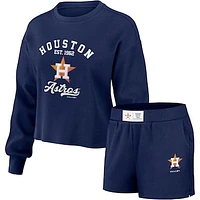 Women's WEAR by Erin Andrews Navy Houston Astros Waffle Knit Long Sleeve T-Shirt & Shorts Lounge Set