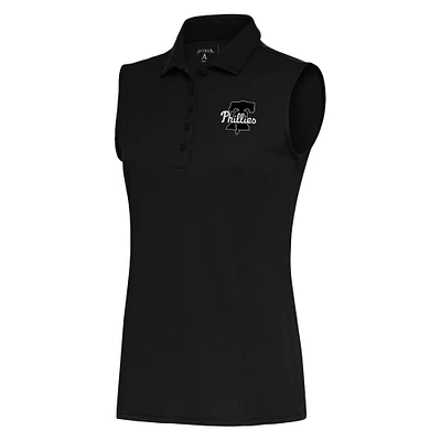 Women's Antigua  Black Philadelphia Phillies Brushed Metallic Sleeveless Tribute Polo