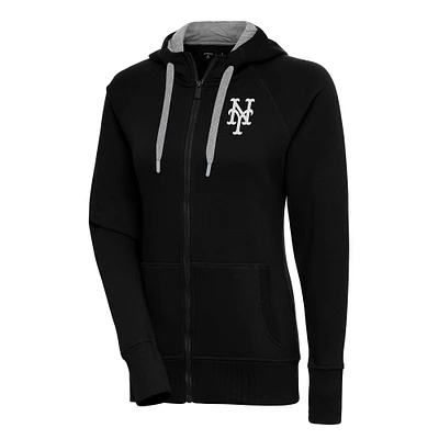 Women's Antigua  Black New York Mets Brushed Metallic Victory Full-Zip Hoodie