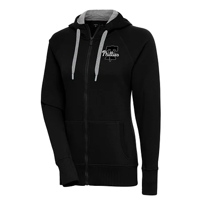 Women's Antigua  Black Philadelphia Phillies Brushed Metallic Victory Full-Zip Hoodie
