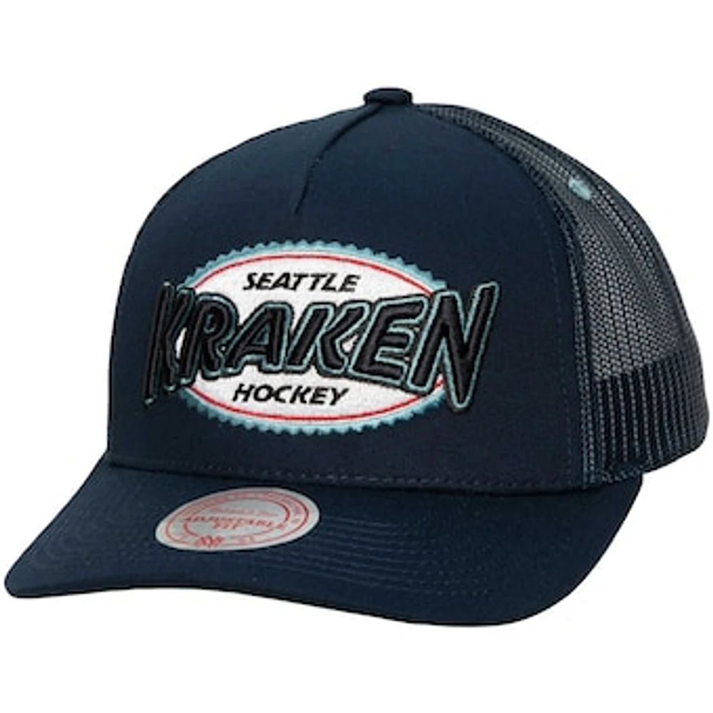 Men's Mitchell & Ness Navy Seattle Kraken Team Seal Trucker Snapback Hat