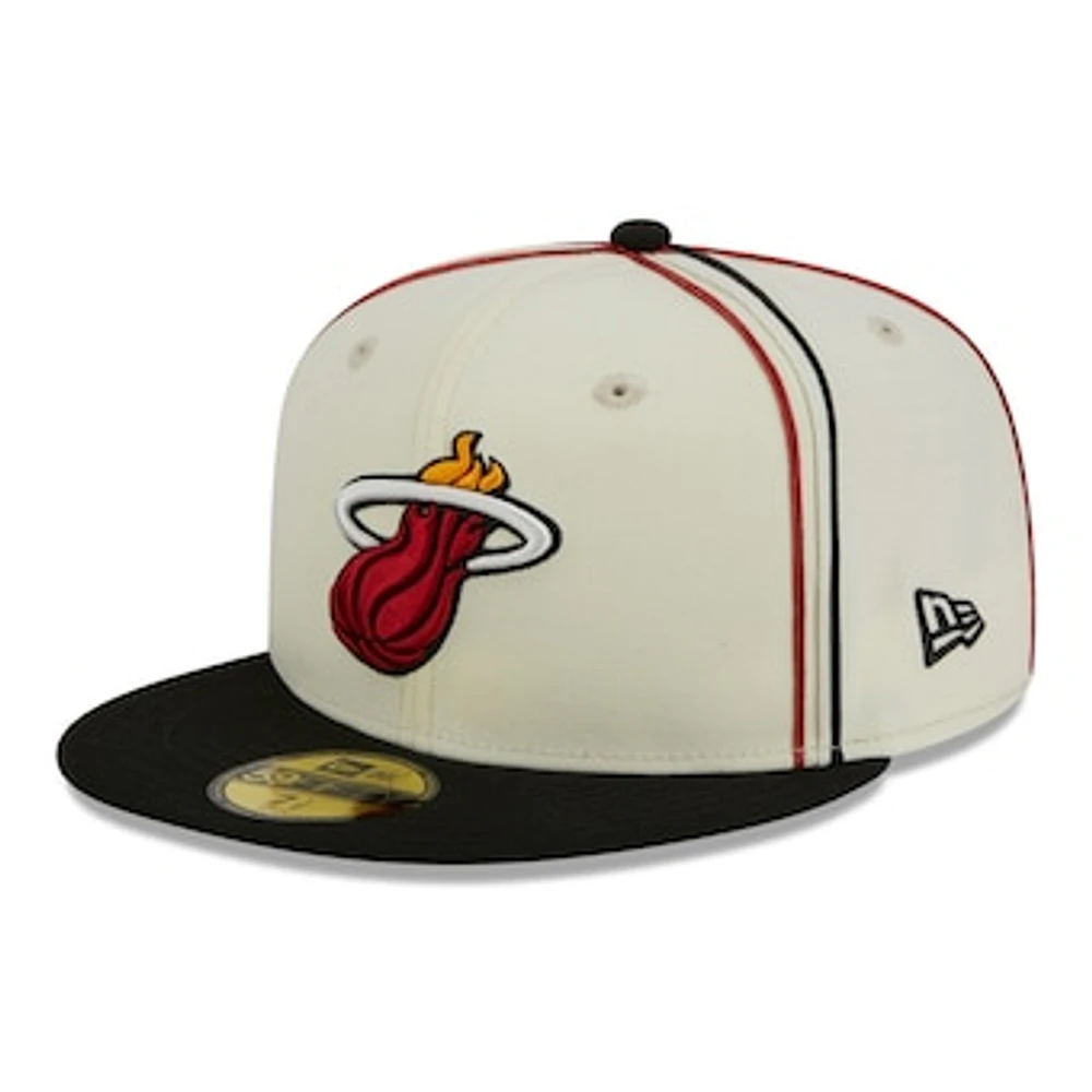 Men's New Era Cream/Black Miami Heat Piping 2-Tone 59FIFTY Fitted Hat